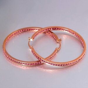 Rose Gold Pink Rhinestone Big Hoop Earrings Crystal CZ Channel Set Sparkle Hoops